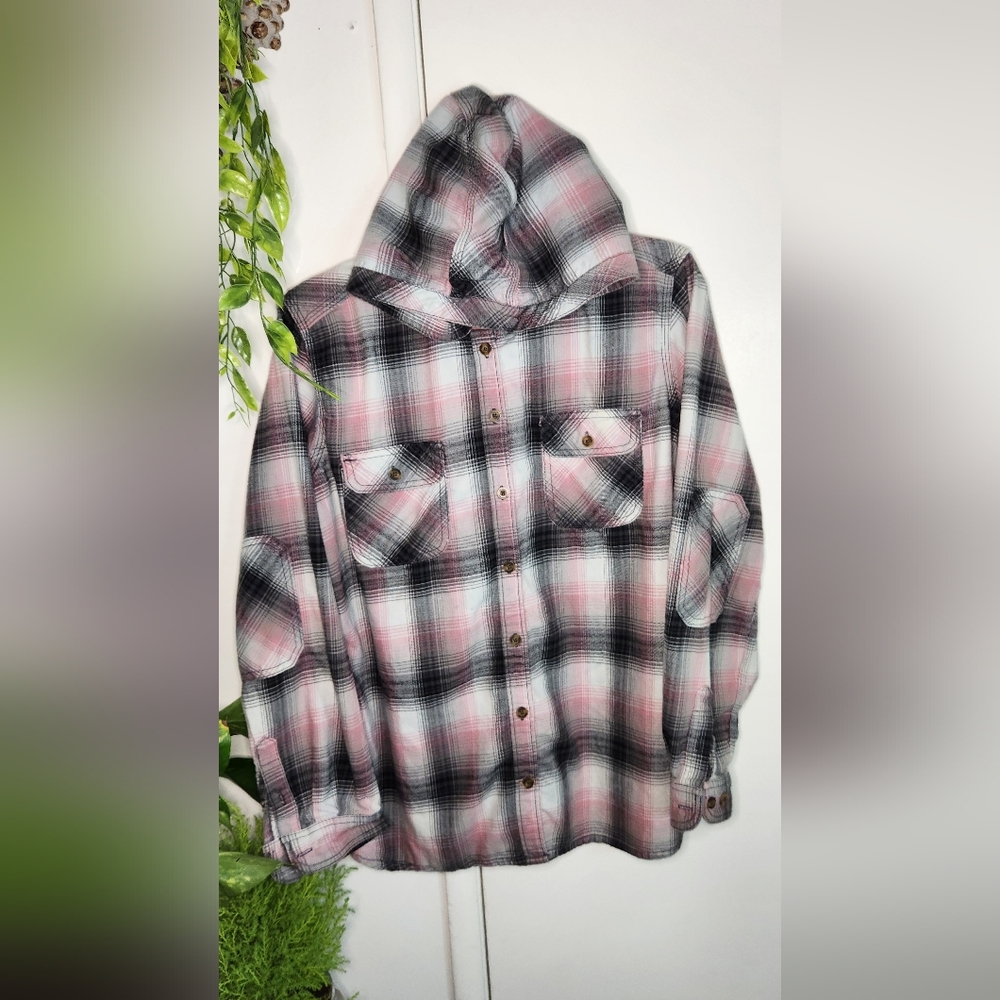 Carhartt Pink Black White Plaid Hooded Flannel Shirt